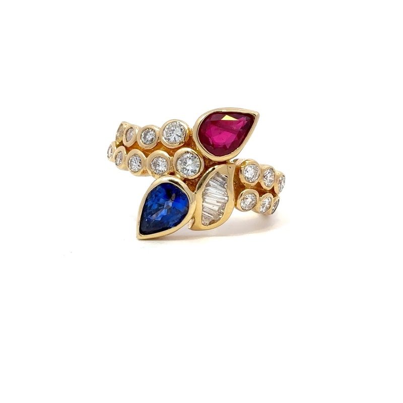 Kamsly Estate 18 Karat Yellow Gold Diamond  Ruby  And Sapphire Ring