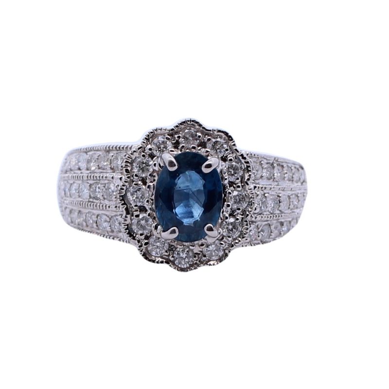 Estate 14 Karat White Gold Blue Sapphire And Diamond Ring