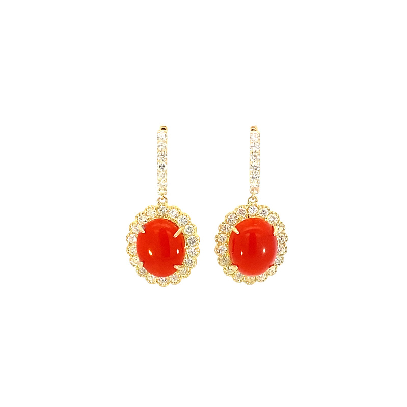 Kamsly Estate 18 Karat Yellow Gold Diamond And Ox Blood Coral Earrings