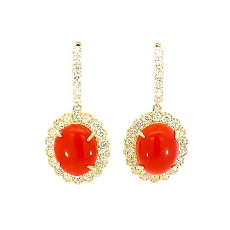 Kamsly Estate 18 Karat Yellow Gold Diamond And Ox Blood Coral Earrings