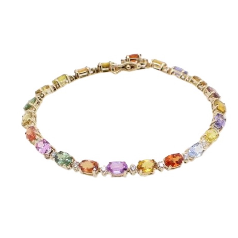 Estate 14 Karat Yellow Gold Multi Color Sapphire And Diamond Bracelet Measuring 7 Inches Long