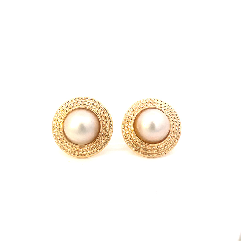 Estate 14 Karat Yellow Gold Mabe Pearl Earrings With Pierced Omega Backs