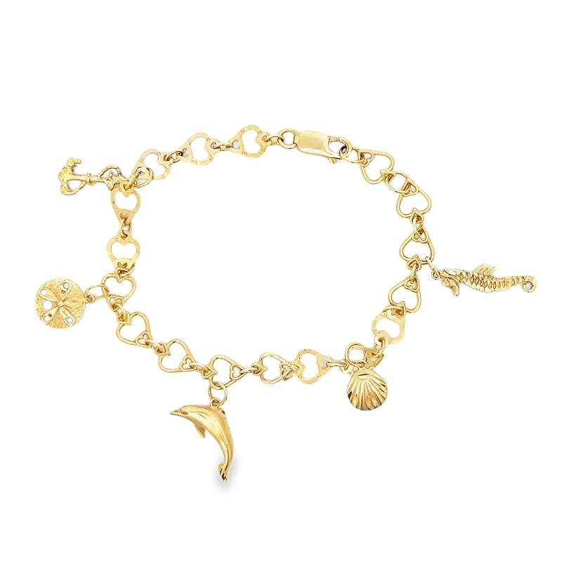 Estate 14 Karat Yellow Gold Sea Life Bracelet 7.5 Inches Long   The Heart Shaped Link Charm Bracelet Has A Seahorse  Sea Shell  Dolphin  Sand Dollar And Anchor Charms