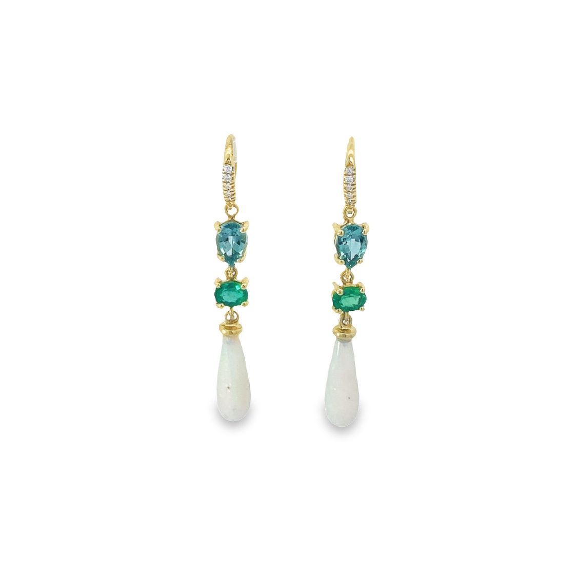 Lauren K 18 Karat Yellow Gold Diamond  Aquamarine  Emerald  And Opal Dangle Earrings
