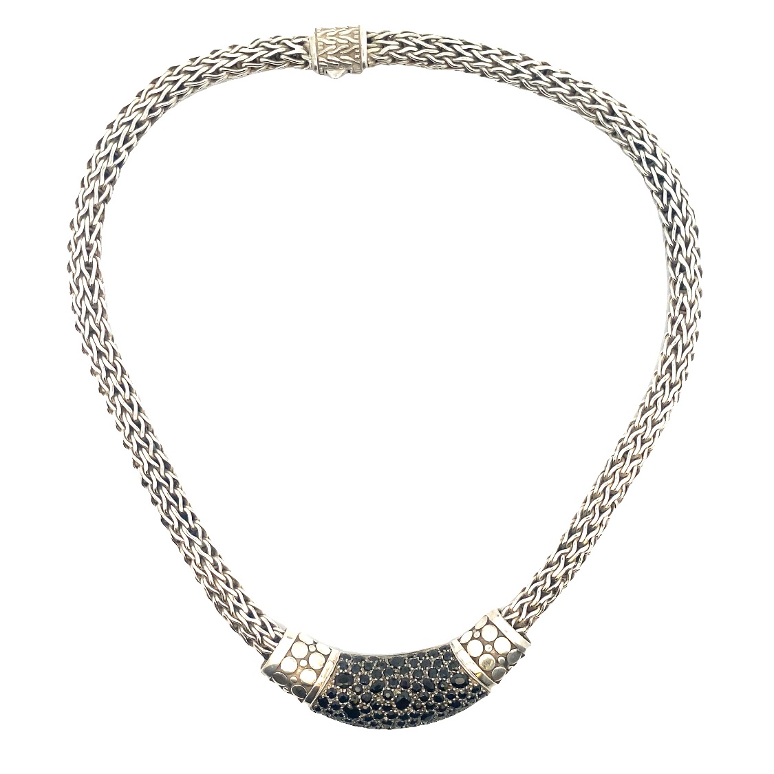 John Hardy  Sterling Silver  Medium Oval Chain Necklace 16"  Push Clasp With A Sterling Silver  Batu Lava Black Sapphire Enhancer Having A Curved Center Having  Black Sapphire Center With Armadillo Edge On Either Side