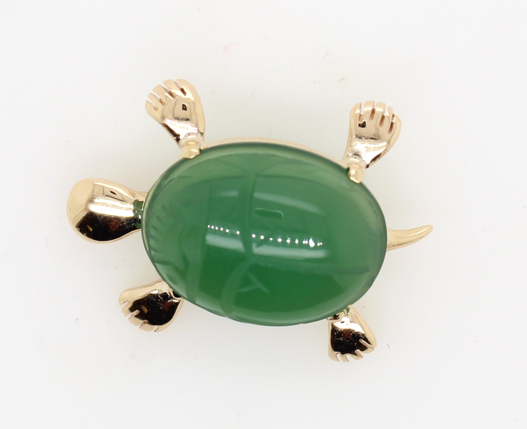 Estate 14 Karat Yellow Gold Scarab Carved Green Chalcedony Pin.