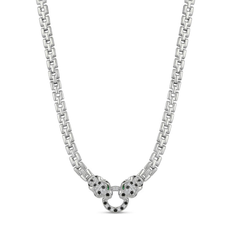 Small Cube Link Radiant Panther Necklace in White with Green Eyes