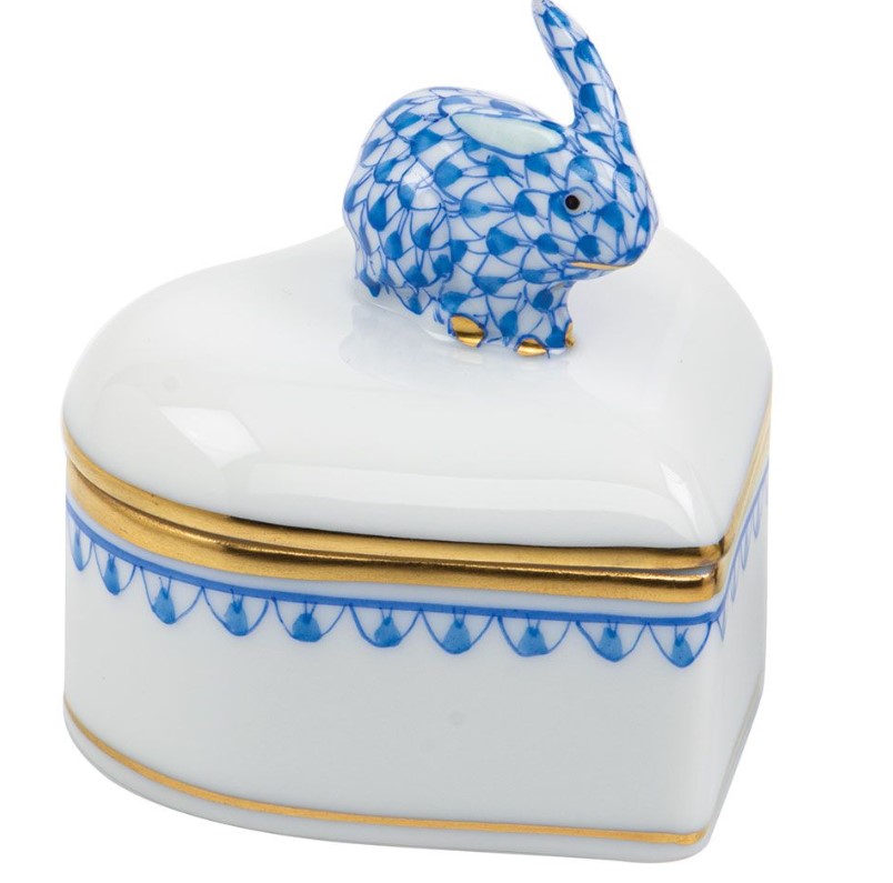 Herend Blue Heart Box With Bunny