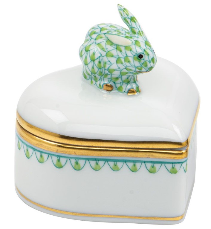 Herend  Key Lime  Heart Box With Bunny
