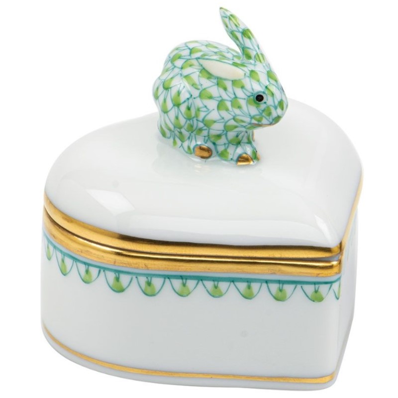 Herend  Key Lime  Heart Box With Bunny