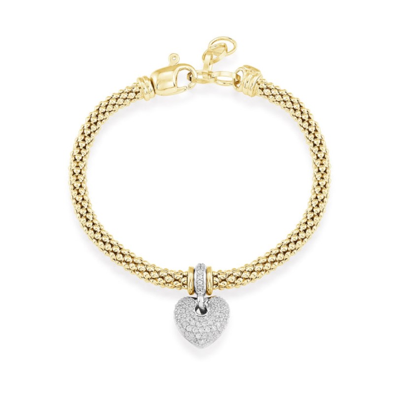 Mesh Bracelet With Puffed Pave Heart in Yellow & White