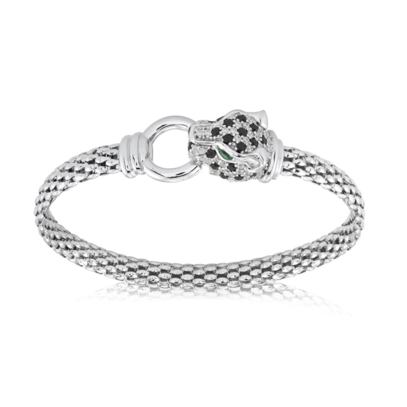 Classic Panther Mesh Bracelet in White with Green Eyes