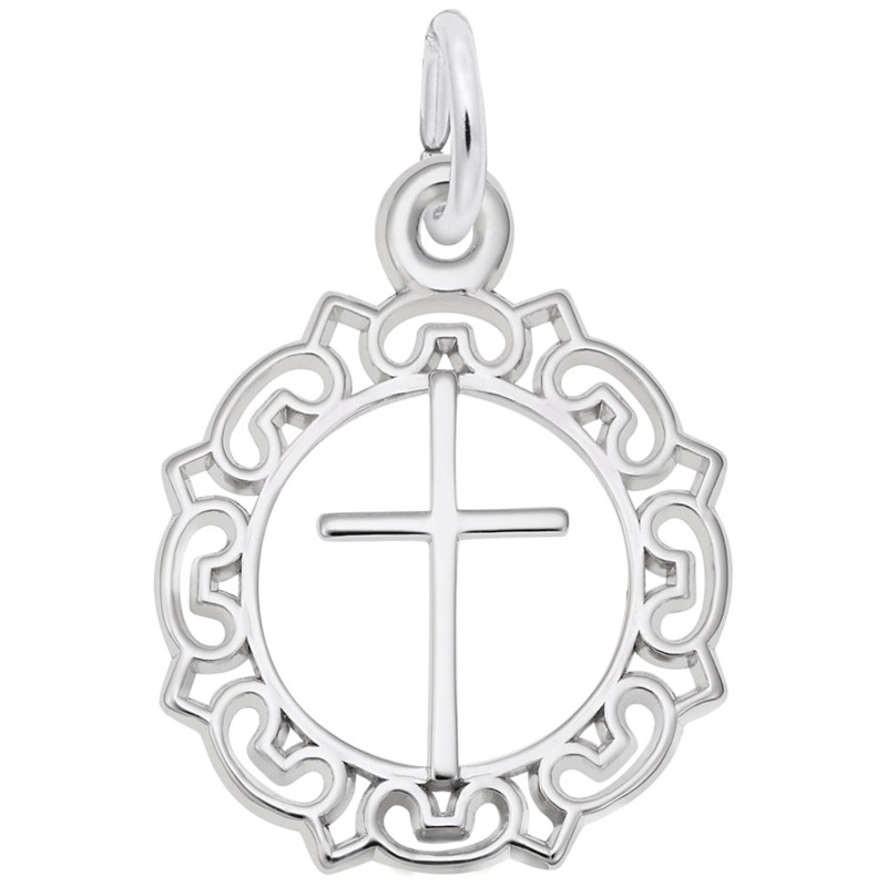 Cross with Ornate Border Charm Sterling Silver