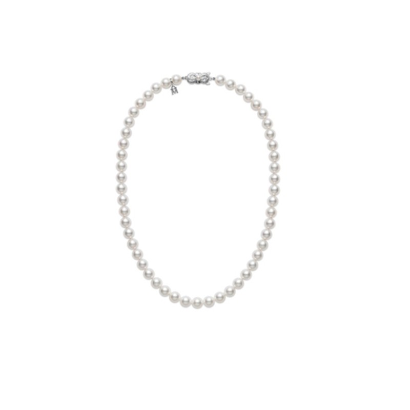 Mikimoto Cultured Pearl Necklace  18 Inches Long  Having Cultured Pearls Measuring 6.5 X 6Mm Of A Quality And An 18 Karat White Gold Signature Scroll Clasp With 1 Cultured Pearl In Center.