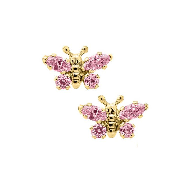 14 Karat Yellow Gold Pink Cz Butterfly Earrings