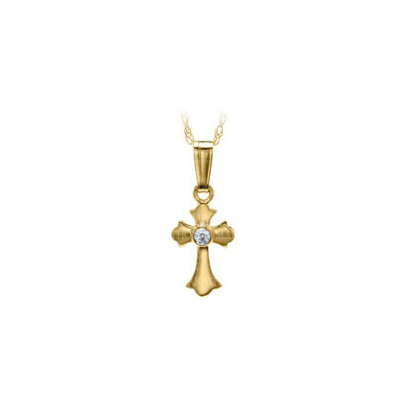 14 Karat Yellow Gold Cross With 1 Clear Cz In The Center Suspended On A 15