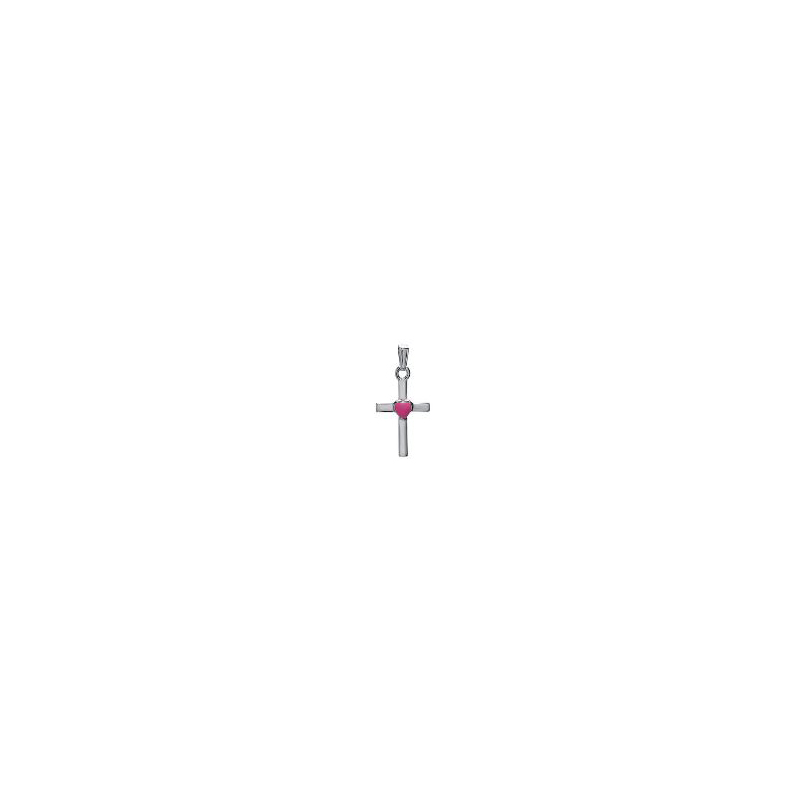 Ss Cross W/ Pink Heart In Center Pendant Suspended On A Round Link Chain Measuring 15