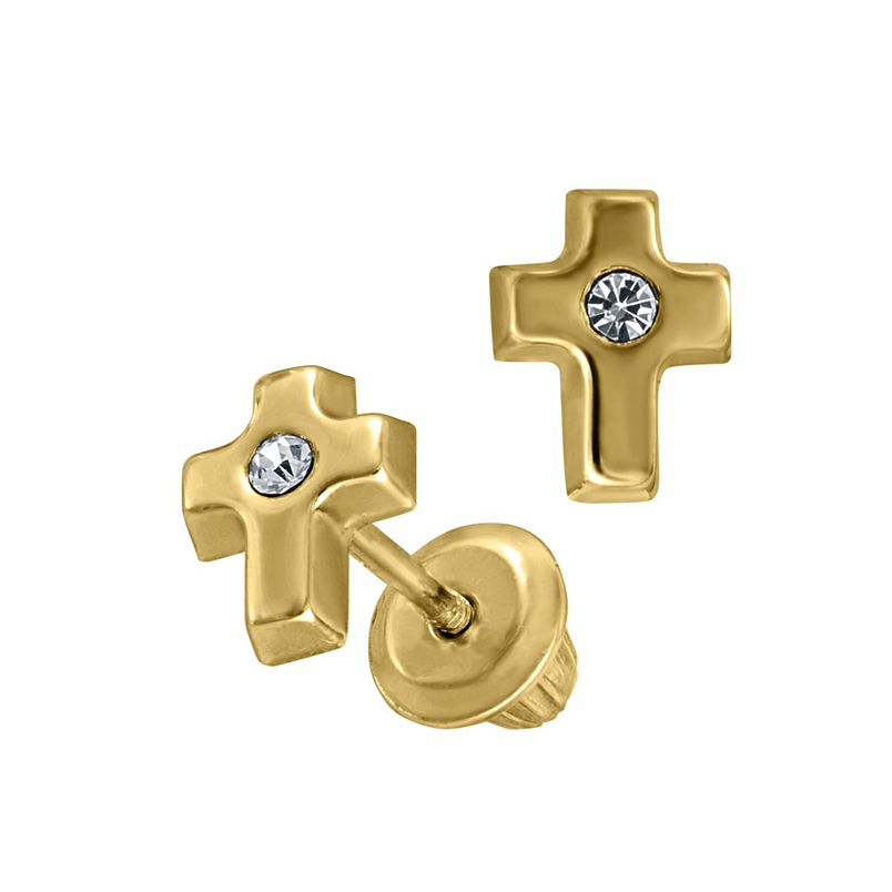 14 Karat Yellow Gold Cross Earing With 1 Round Cz And Screw Backs