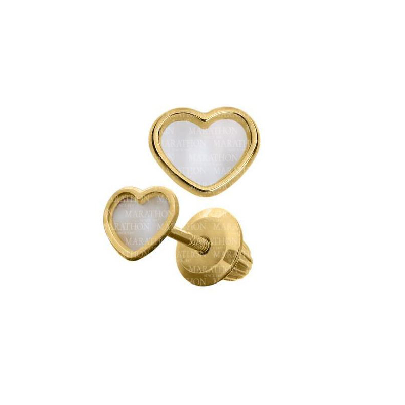 14 Karat Yellow Gold Heart Shaped Mother Of Pearl Stud Earrings With Threaded Safety Posts.