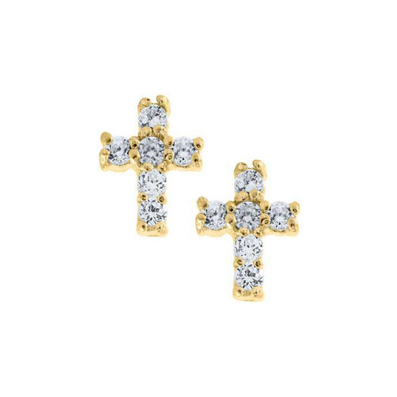 14 Karat Yellow Gold Cubic Zirconia Cross Stud Earrings With Threaded Safety Posts