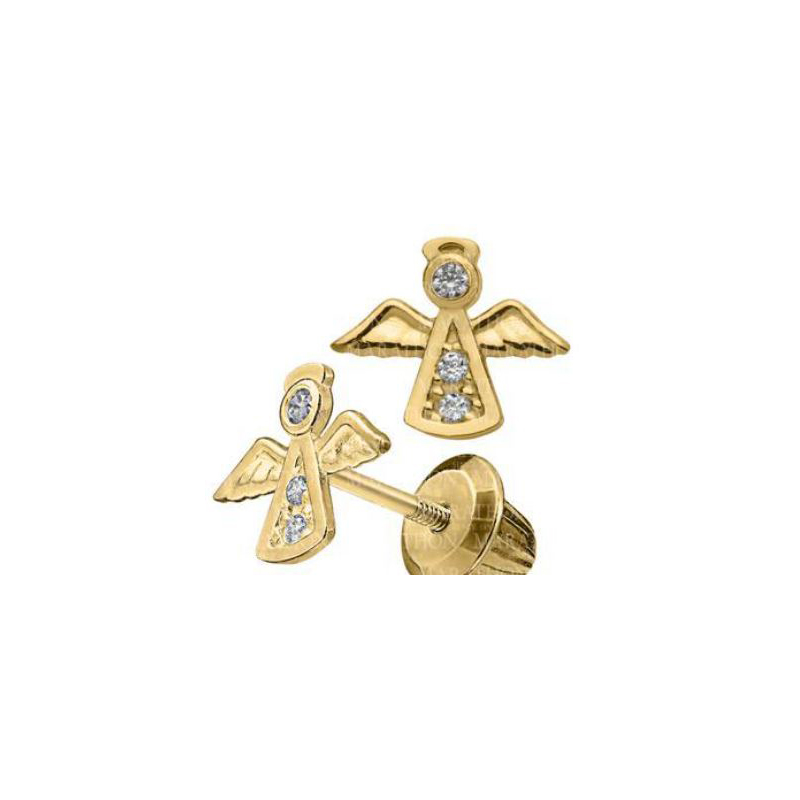 14 Karat Yellow Gold Cubic Zirconia Angel Stud Earrings With Threaded Safety Posts.