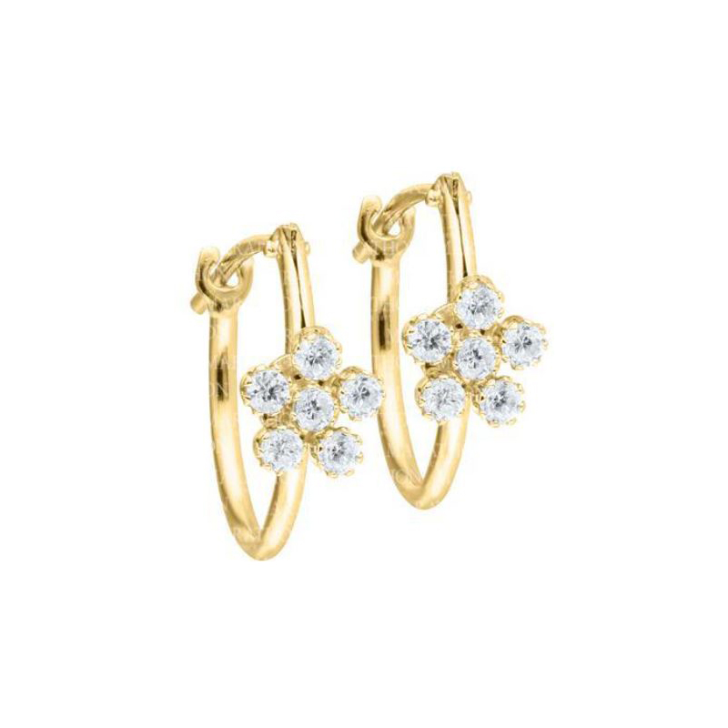 14 Karat Yellow Gold Hoop Earrings With White Cubic Zirconia Flowers