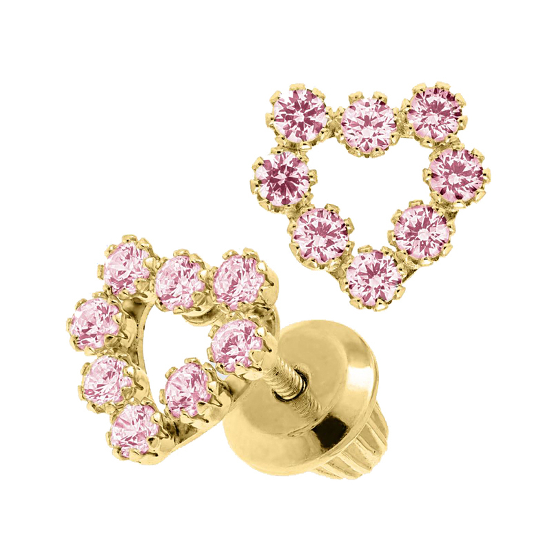 Kiddie Kraft 14 Karat Yellow Gold Pink Cz Open Heart Earrings With Screw Backs.