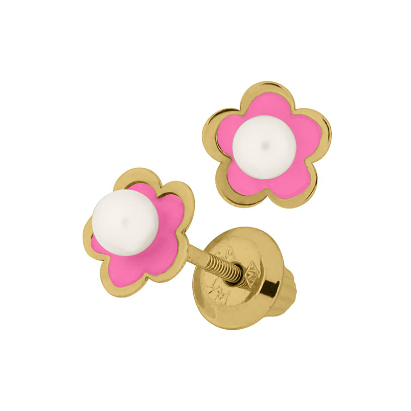 14 Karat Yellow Gold Baby Pearl And Pink Enamel Earrings With Screw Backs.
