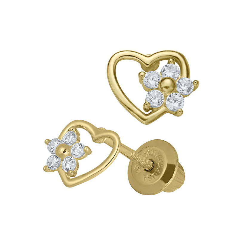 14 Karat Yellow Gold Baby Open Heart With White Cubic Zirconia Flower Earrings Screw Backs.