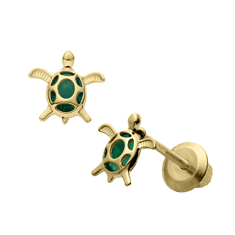 14 Karat Yellow Gold With Green Enamel Turtle Earrings With Screw Backs.