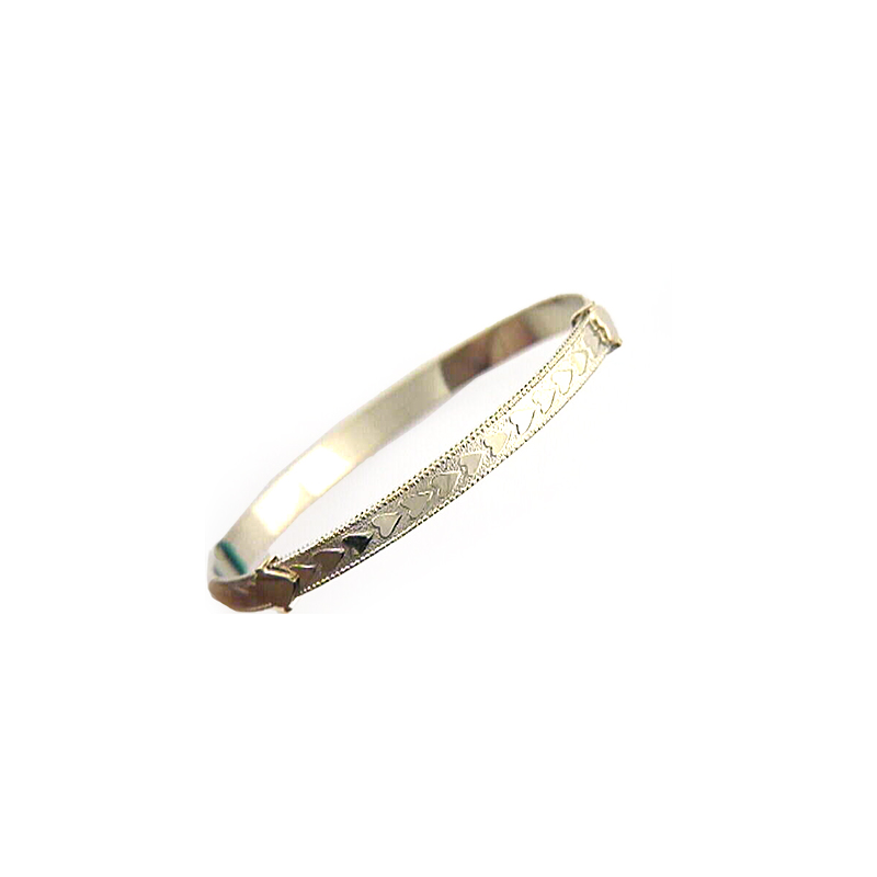 14 Karat Yellow Gold Filled Bangle Bracelet W/Engraved Hearts Around Bracelet And Beaded Edge
