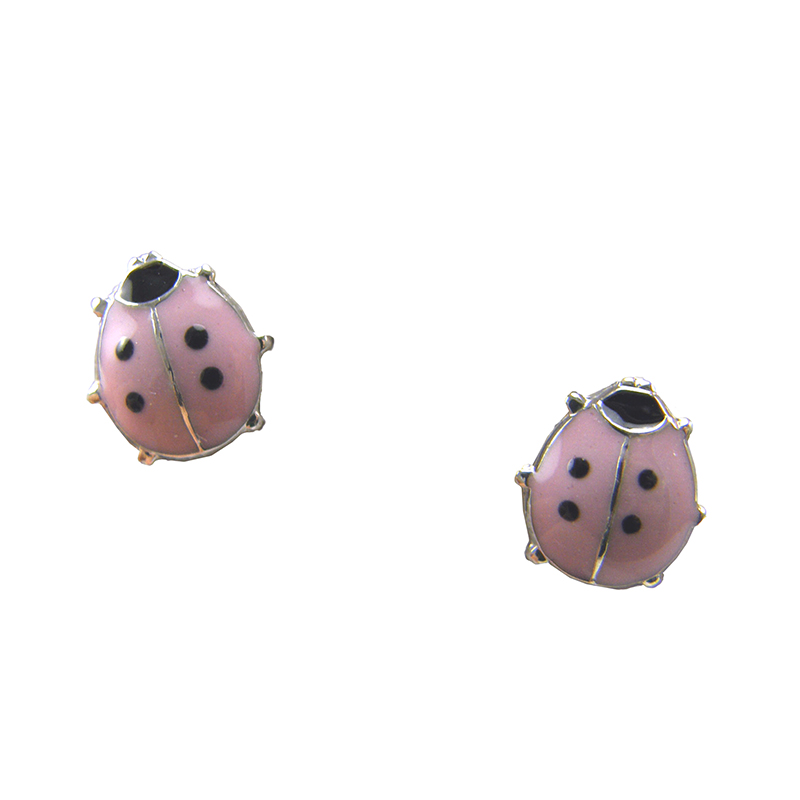 Sterling Silver Pink Enamel Lady Bug Earrings With Safety Screw Backs.