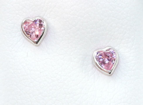 Sterling Silver Pink Cz Heart Earrings With Screw On Safety Backs