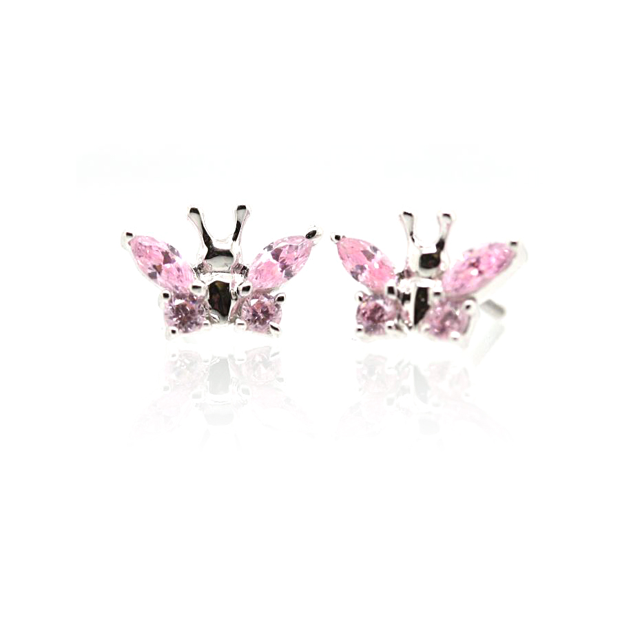 Sterling Silver Pink Cz Butterfly Earrings With Safety Backs.