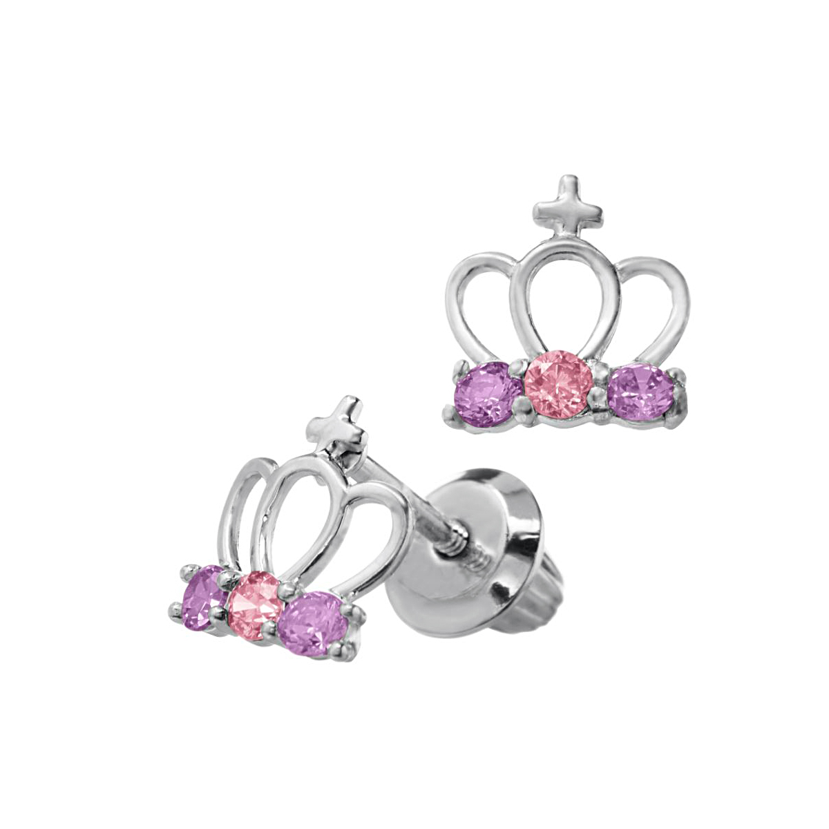 Sterling Silver Crown Earrings With Pink And Purple CZ Prong Set With Screw Backs.