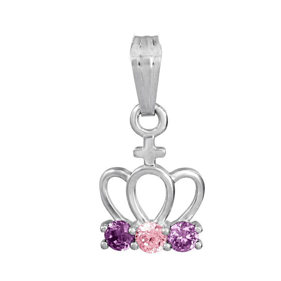 Sterling Silver Baby Crown Pendant Having 2 Purple And 1 Pink Cubic Zirconia Prong Set On A 15 Inch Chain