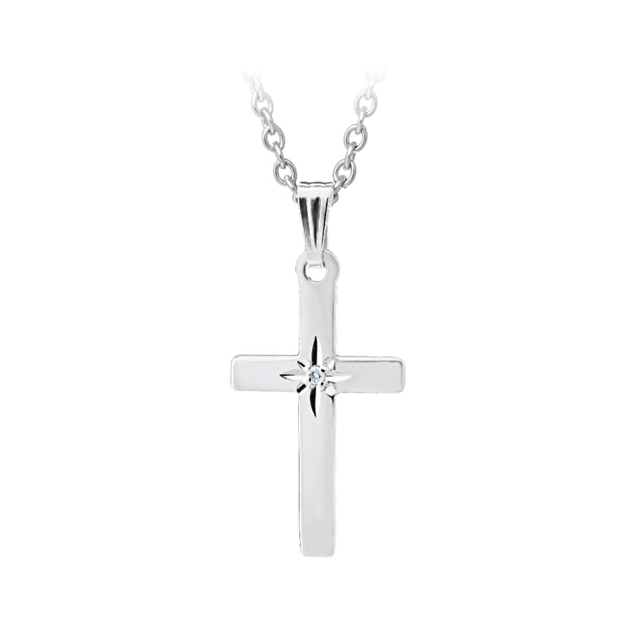 Sterling Silver Baby Cross Pendant Having 1 Full Cut Diamond Prong Set In Center On A 15 Inch Chain