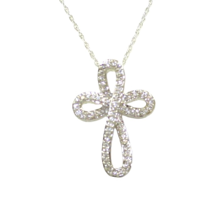 14 Karat White Gold Diamond Cross Pendant Suspended On A 16" Diamond Cut Oval Link Chain With Spring Ring Clasp