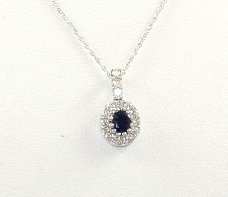 14 Karat White Gold Oval Sapphire and Diamond Pendant Necklace