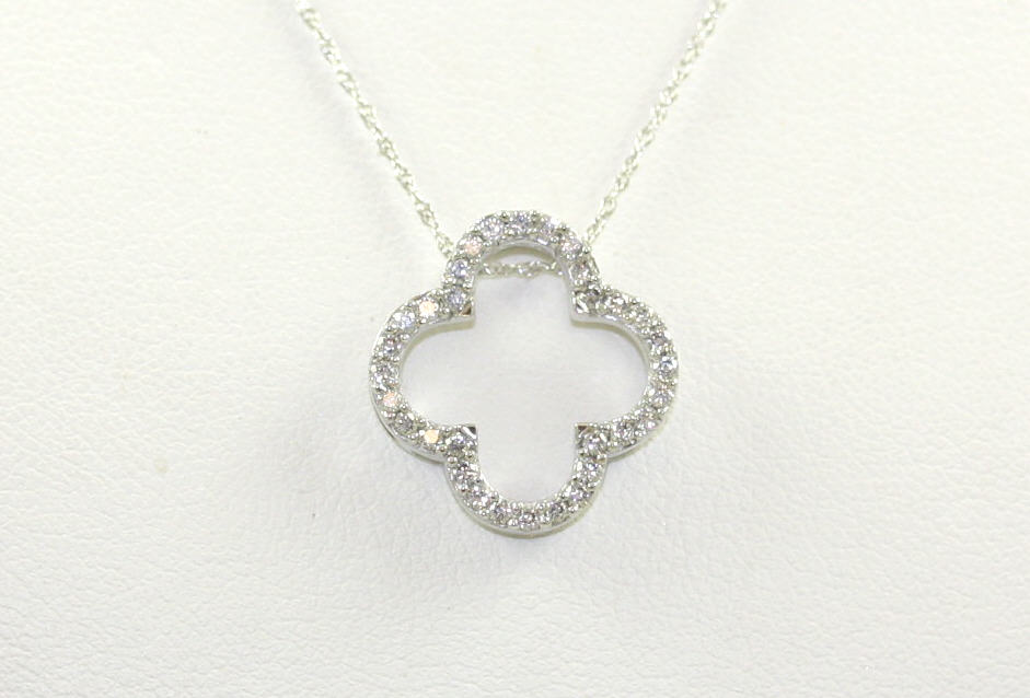 14 Karat White Gold Open Clover Diamond Pendant Necklace