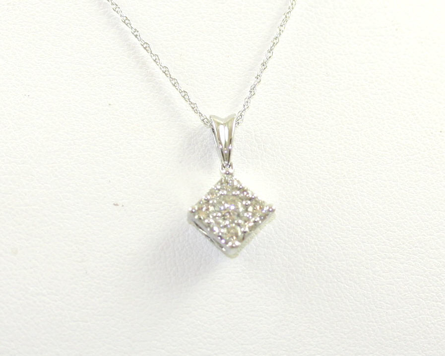 14 Karat White Gold Square Diamond Pendant Necklace