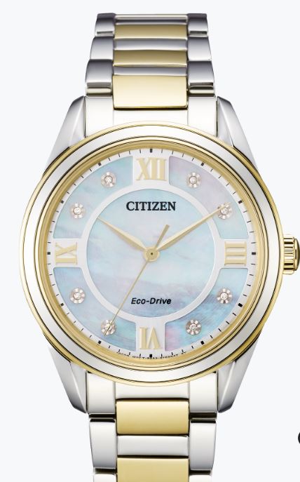 Citizen Arezzo 32mm stainless steel case having a mother of pearl Roman and diamond dial  two tone bezel  mineral crystal