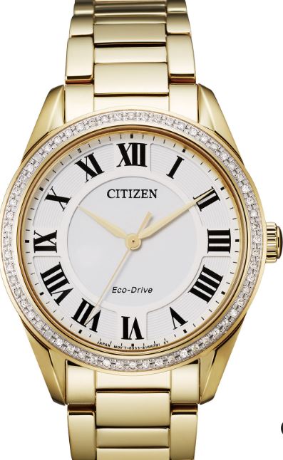 Citizen Arezzo 32Mm Yellow Tone Case Having A White Roman Dial  A Diamond Bezel And A Mineral Crystal