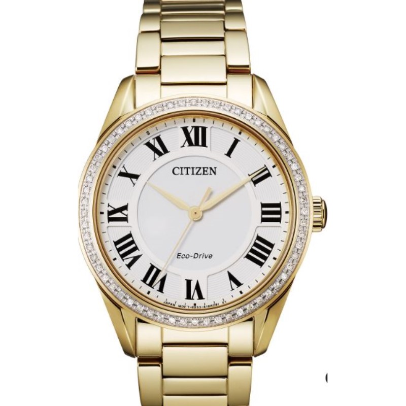 Citizen Arezzo 32Mm Yellow Tone Case Having A White Roman Dial  A Diamond Bezel And A Mineral Crystal