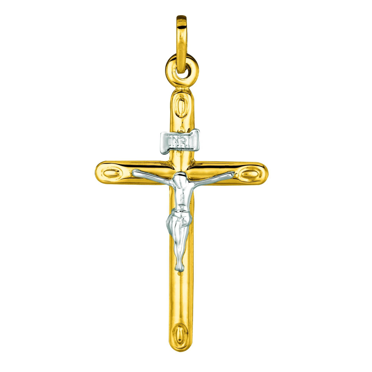 14 Karat Yellow Gold Tube Cross Pendant With White Gold Crucifix.
