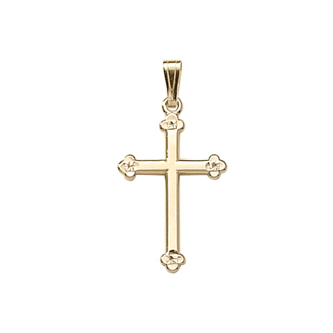 14 Karat Yellow Gold Adult Cross Pendant Having An Engraved Design And Tri-Curved Ends