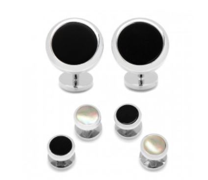 Double Sided Onyx And Mother Of Pearl Round Beveled Stud Set