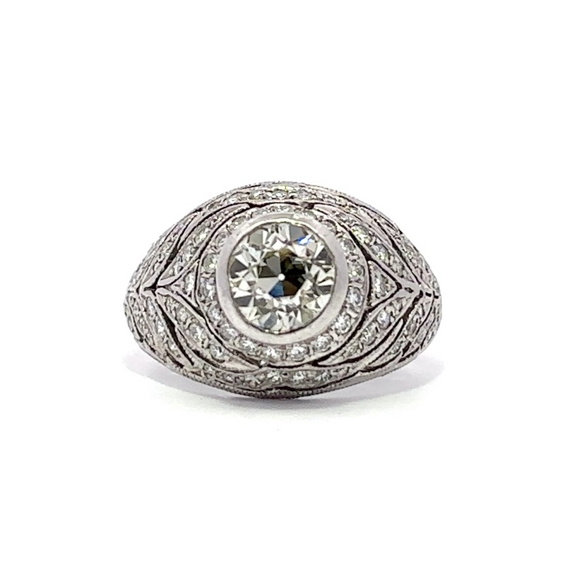 Estate Platinum Antique Reproduction Ring With Leaf Designs On Shank Having 82 Single Cut Diamonds Prong Set With A Total Weight Of .45 Carat And Graded VS2 For Clarity And G For Color