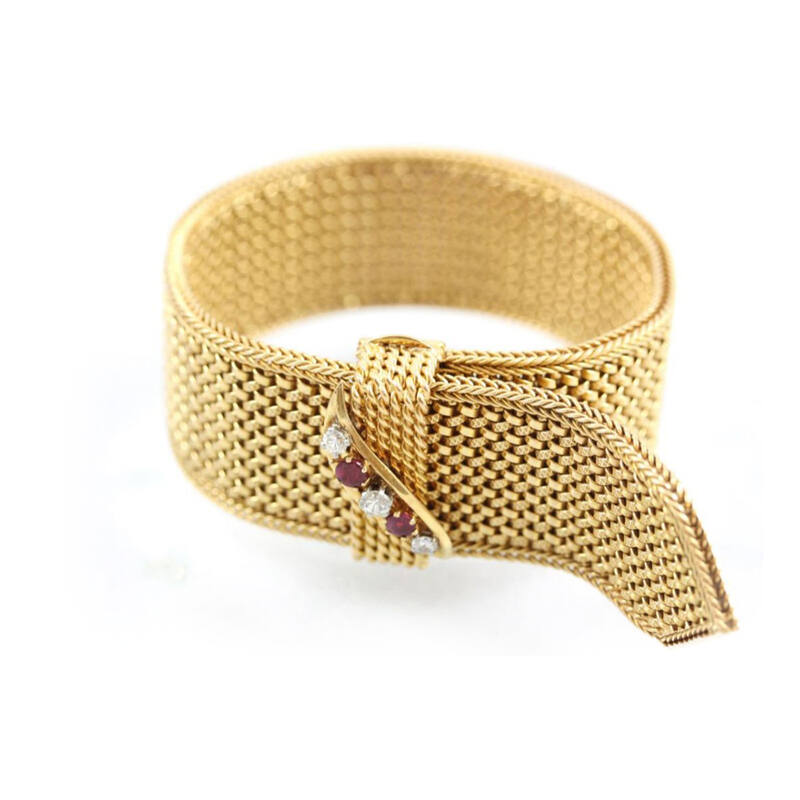 Kamsly Estate 18 Karat Yellow Gold French Handmade Mesh Link Bracelet Measuring 8" Long With A Diamond & Ruby Clasp
