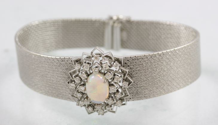 Estate 18 Karat White Gold  Opal And Diamond Mesh Bracelet